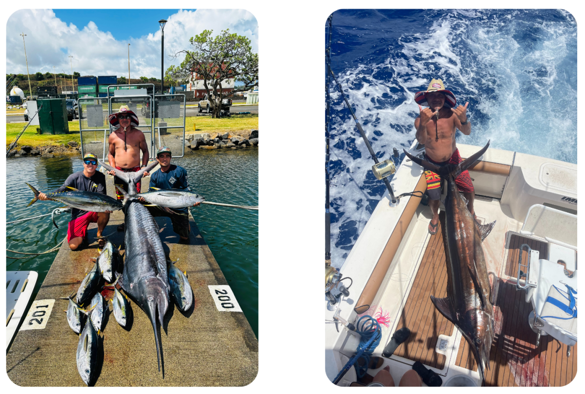 Two images: men posing with large fish at a dock and on a boat in the ocean.
