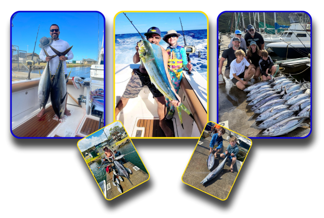 New Project Collage of people with large fish on boats and docks.