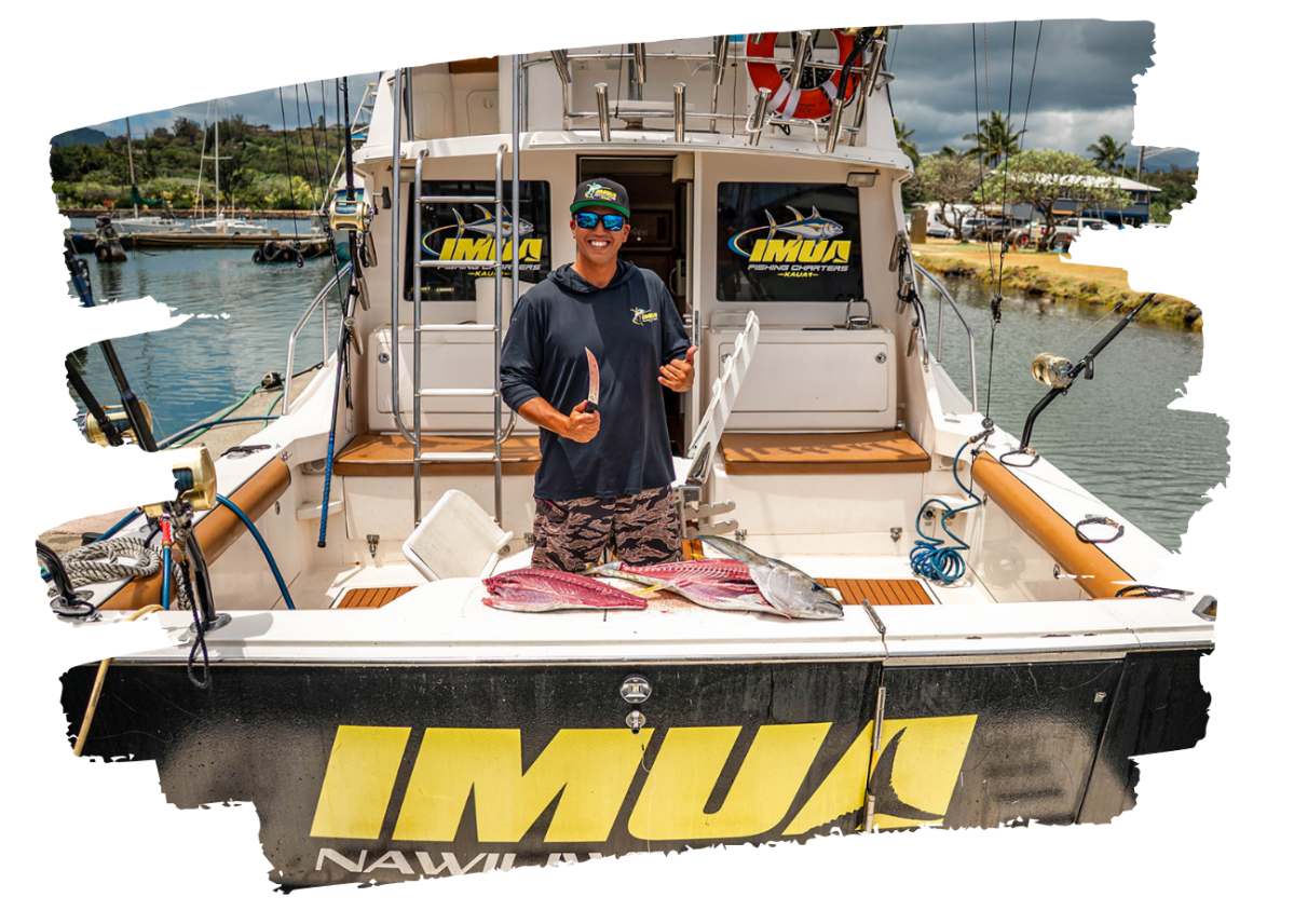 About us Person on a boat with fish on the deck, smiling, wearing sunglasses and a hat. Text 'IMUA' visible on boat.