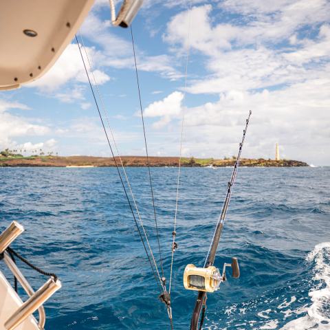 View from a boat with fishing rods, looking toward a lighthouse on a distant shore.